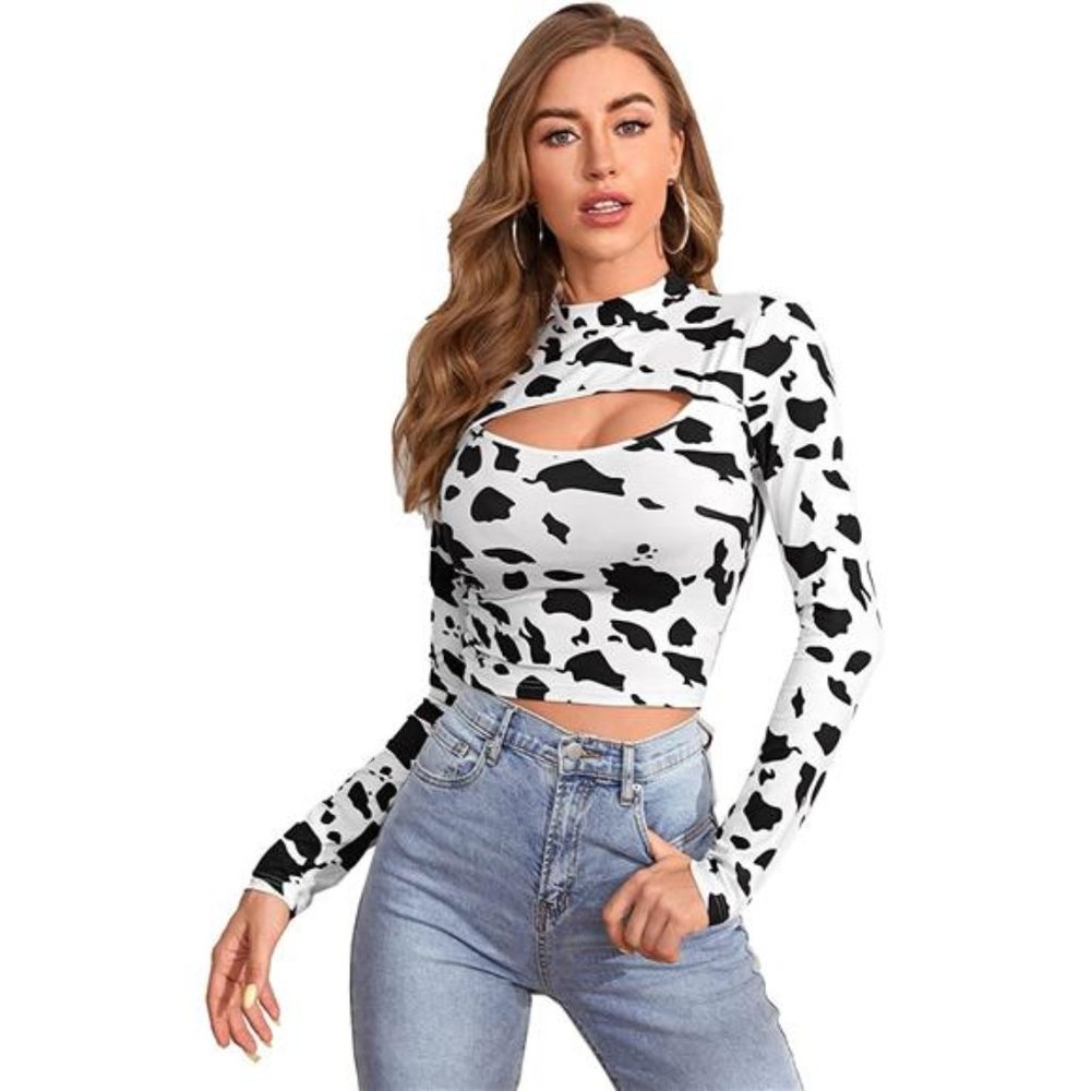 Cow Print Cut Out Long Sleeve Slim Fit Women's T-Shirt